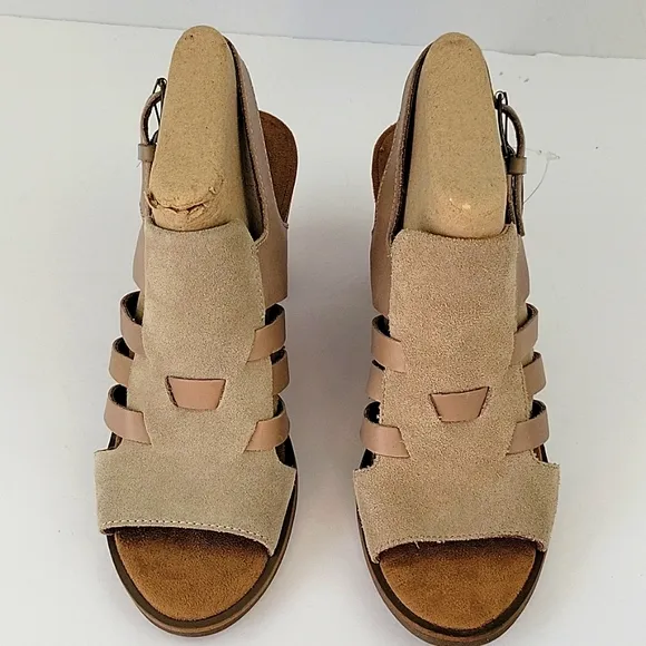 Toms Cobblestone Suede Majorca Woven Stacked Heel Sandal Beige Size 8.5
