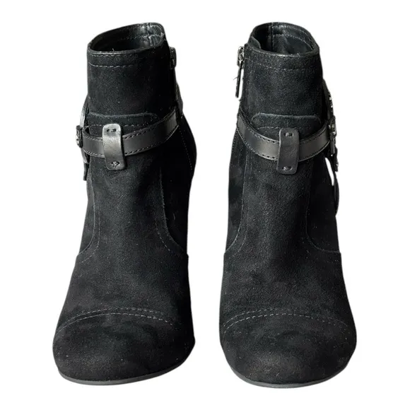 Tory Burch Aaden stacked Wedge Ankle Boots Black Suede Harness Logo Emblem | 8 M