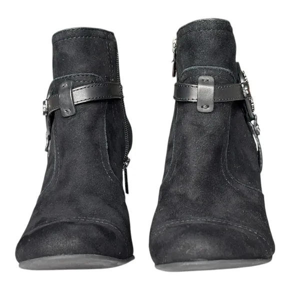 Tory Burch Aaden stacked Wedge Ankle Boots Black Suede Harness Logo Emblem | 8 M