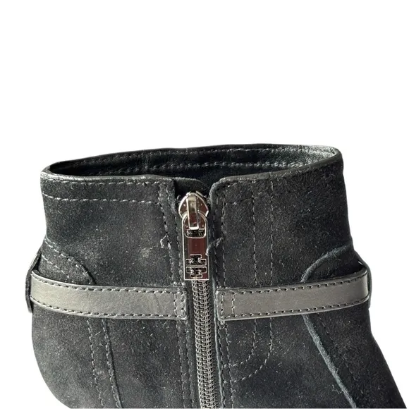 Tory Burch Aaden stacked Wedge Ankle Boots Black Suede Harness Logo Emblem | 8 M