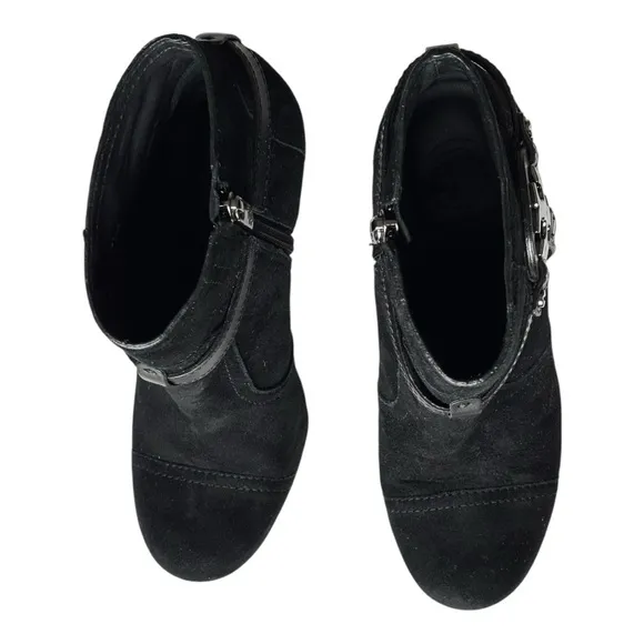 Tory Burch Aaden stacked Wedge Ankle Boots Black Suede Harness Logo Emblem | 8 M