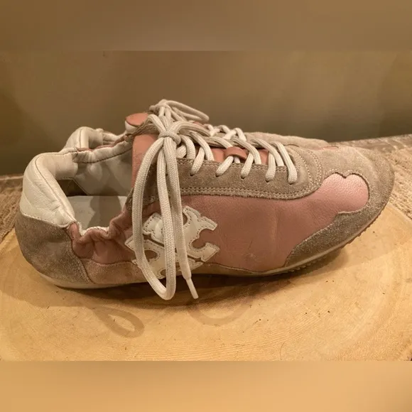 Tory Burch Bicolor Mixed Leather Trainer Sneaker Size 8.5 Pink &amp; Suede Soft Heel