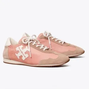Tory Burch Bicolor Mixed Leather Trainer Sneaker Size 8.5 Pink &amp; Suede Soft Heel
