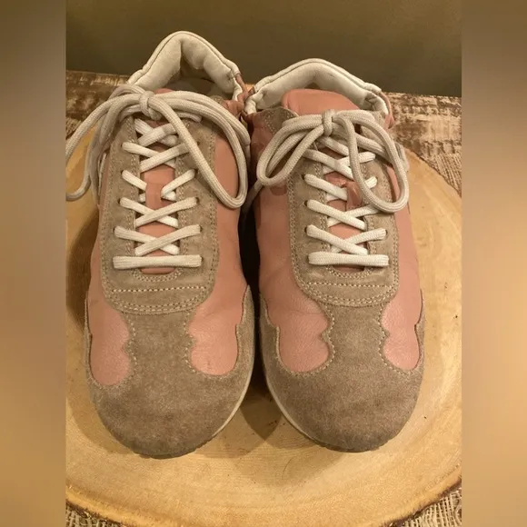 Tory Burch Bicolor Mixed Leather Trainer Sneaker Size 8.5 Pink &amp; Suede Soft Heel