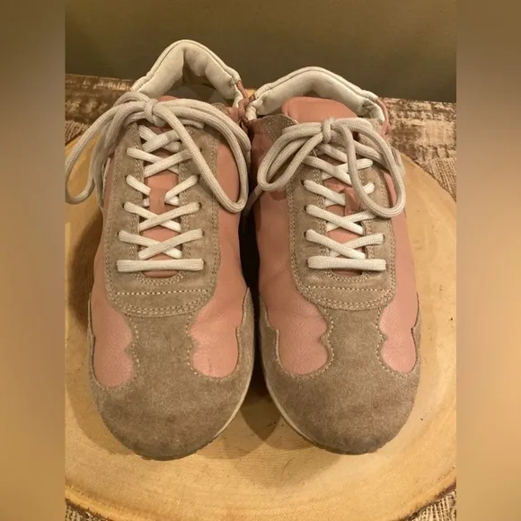 Tory Burch Bicolor Mixed Leather Trainer Sneaker Size 8.5 Pink &amp; Suede Soft Heel