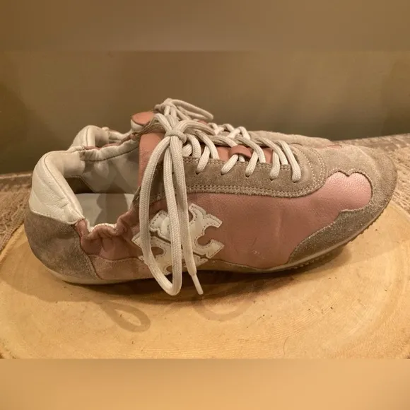 Tory Burch Bicolor Mixed Leather Trainer Sneaker Size 8.5 Pink &amp; Suede Soft Heel