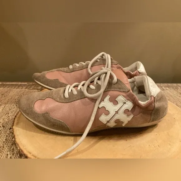 Tory Burch Bicolor Mixed Leather Trainer Sneaker Size 8.5 Pink &amp; Suede Soft Heel