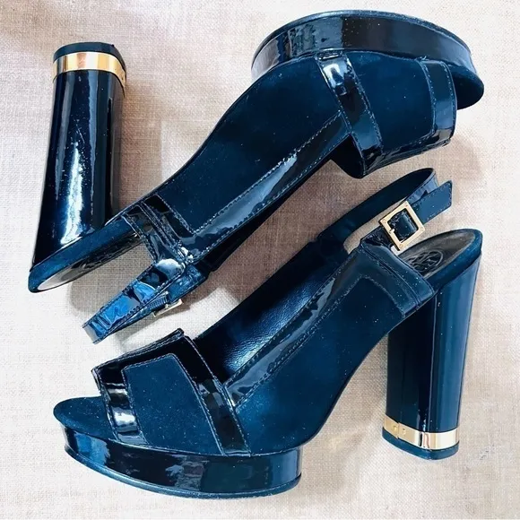𝅺TORY Burch Black Suede Patent Leather Slingback &quot;Gemma&quot; Platforms Sz: 6.5M