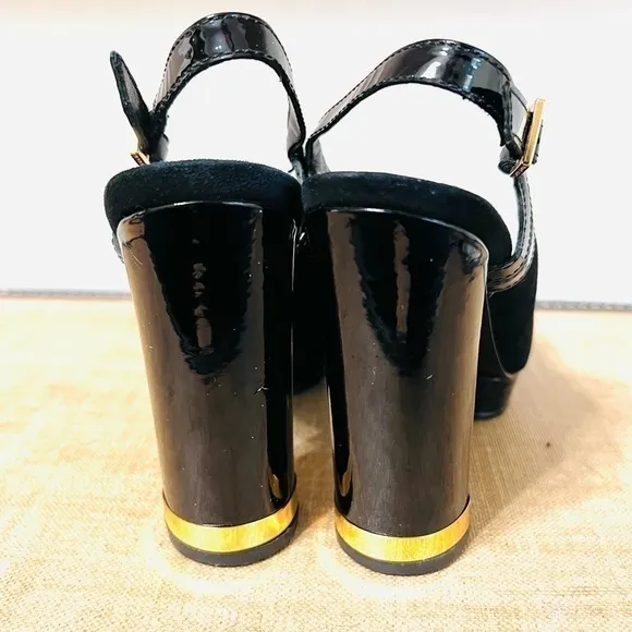 𝅺TORY Burch Black Suede Patent Leather Slingback &quot;Gemma&quot; Platforms Sz: 6.5M
