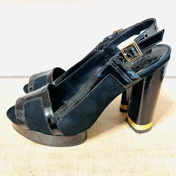 𝅺TORY Burch Black Suede Patent Leather Slingback &quot;Gemma&quot; Platforms Sz: 6.5M