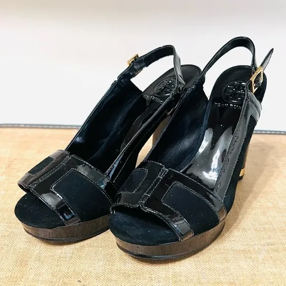𝅺TORY Burch Black Suede Patent Leather Slingback &quot;Gemma&quot; Platforms Sz: 6.5M