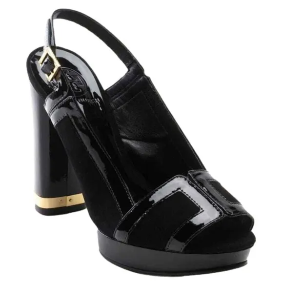 𝅺TORY Burch Black Suede Patent Leather Slingback &quot;Gemma&quot; Platforms Sz: 6.5M