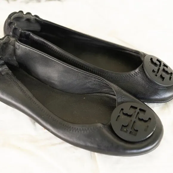 Tory Burch Claire Ballet Flat Leather Black Shoes size 10.5 $228 Current Style