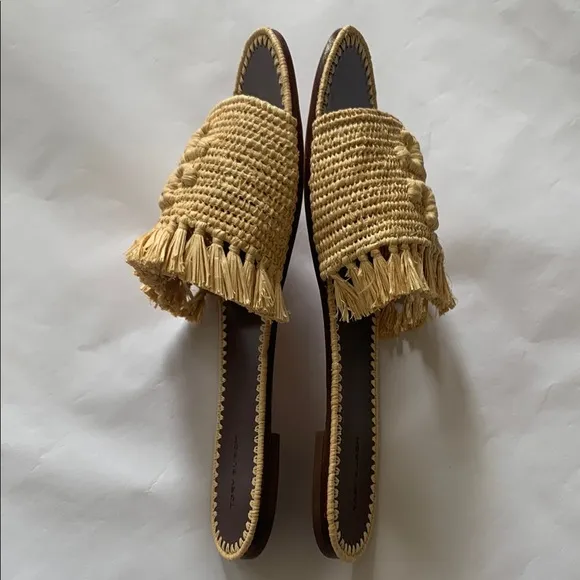 Tory Burch Eleanor Raffia Double T Slide Sandals NWOT