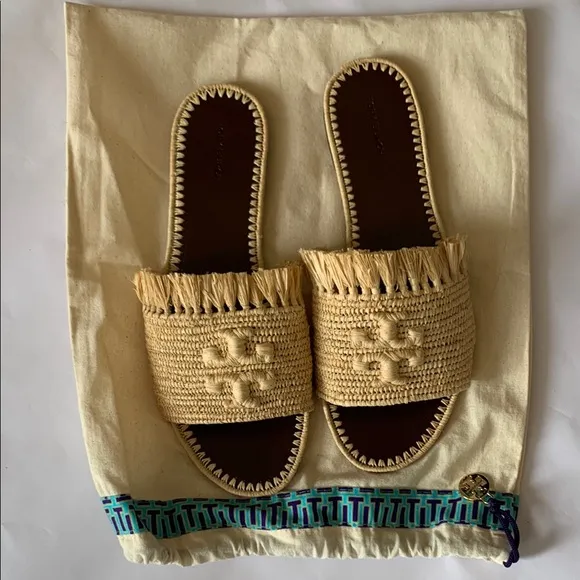 Tory Burch Eleanor Raffia Double T Slide Sandals NWOT