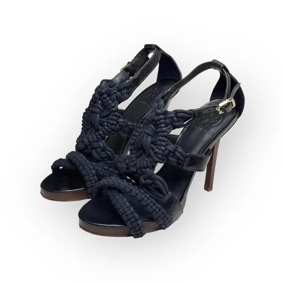 Tory Burch ✤ Fleur Nautical Rope Strappy Platform Stiletto Heel Sandals ✤ Navy 9