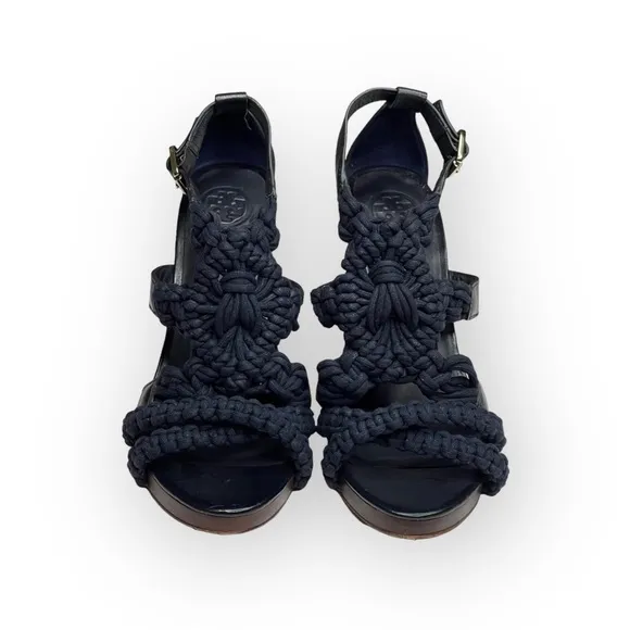 Tory Burch ✤ Fleur Nautical Rope Strappy Platform Stiletto Heel Sandals ✤ Navy 9