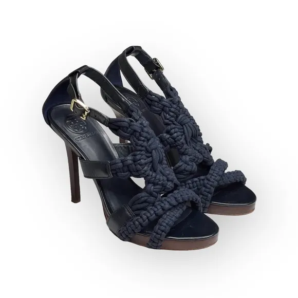 Tory Burch ✤ Fleur Nautical Rope Strappy Platform Stiletto Heel Sandals ✤ Navy 9
