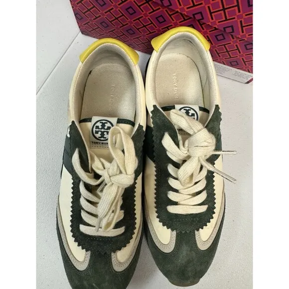 Tory Burch HANK Ivory Militare White &amp; Green Leather Sneakers Shoes Size 8.5