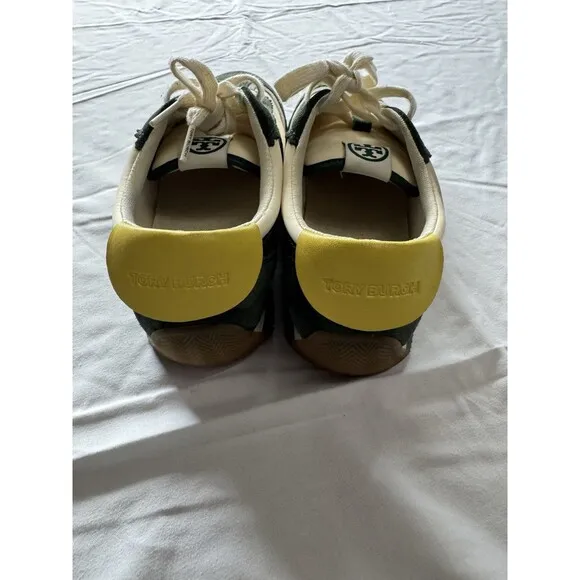 Tory Burch HANK Ivory Militare White &amp; Green Leather Sneakers Shoes Size 8.5