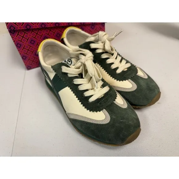 Tory Burch HANK Ivory Militare White &amp; Green Leather Sneakers Shoes Size 8.5