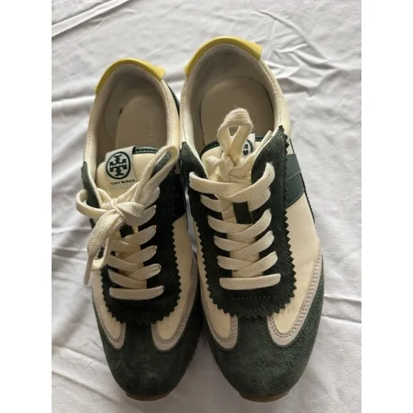 Tory Burch HANK Ivory Militare White &amp; Green Leather Sneakers Shoes Size 8.5