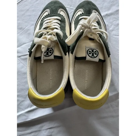 Tory Burch HANK Ivory Militare White &amp; Green Leather Sneakers Shoes Size 8.5