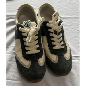 Tory Burch HANK Ivory Militare White &amp; Green Leather Sneakers Shoes Size 8.5