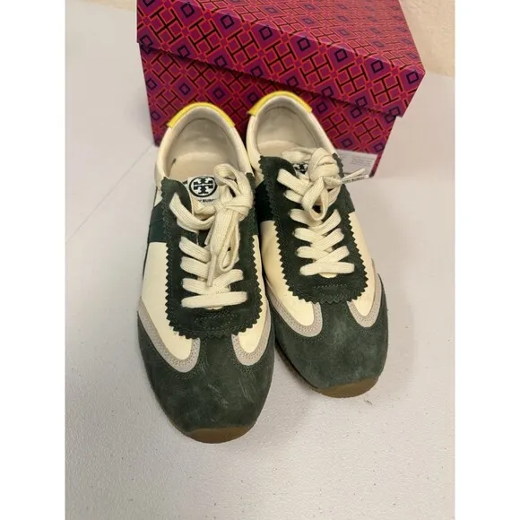Tory Burch HANK Ivory Militare White &amp; Green Leather Sneakers Shoes Size 8.5