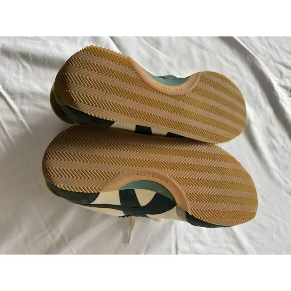 Tory Burch HANK Ivory Militare White &amp; Green Leather Sneakers Shoes Size 8.5