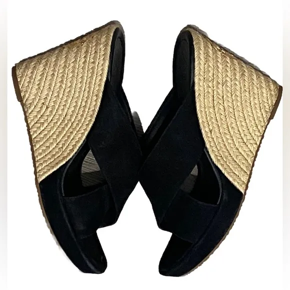 Tory Burch Kristen Black Suede Slip On Wedge Espadrilles Heels Size 9.5 MINT