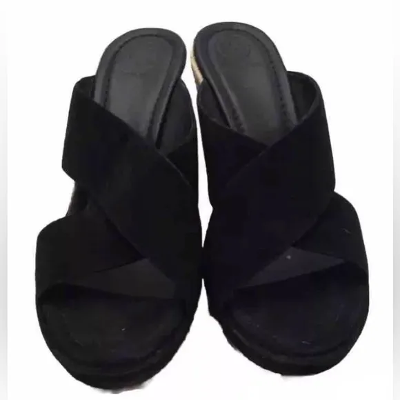 Tory Burch Kristen Black Suede Slip On Wedge Espadrilles Heels Size 9.5 MINT