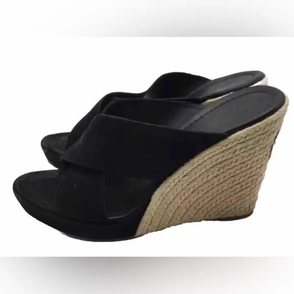 Tory Burch Kristen Black Suede Slip On Wedge Espadrilles Heels Size 9.5 MINT