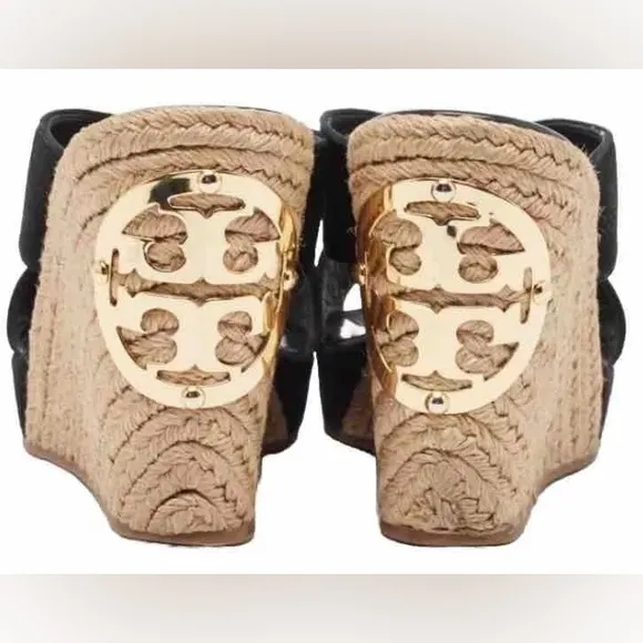 Tory Burch Kristen Black Suede Slip On Wedge Espadrilles Heels Size 9.5 MINT