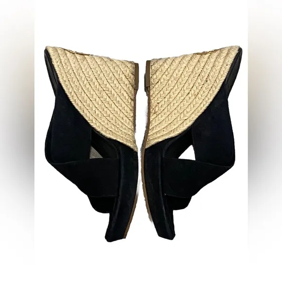 Tory Burch Kristen Black Suede Slip On Wedge Espadrilles Heels Size 9.5 MINT