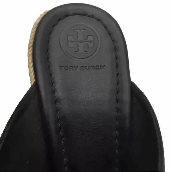Tory Burch Kristen Black Suede Slip On Wedge Espadrilles Heels Size 9.5 MINT