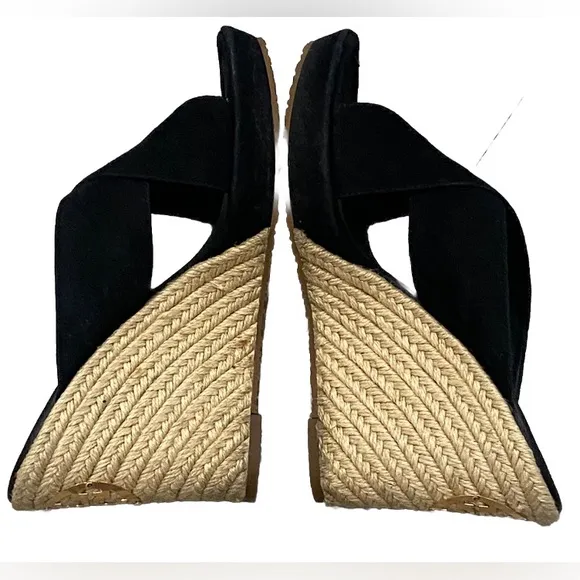 Tory Burch Kristen Black Suede Slip On Wedge Espadrilles Heels Size 9.5 MINT