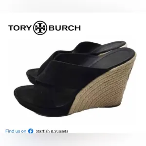 Tory Burch Kristen Black Suede Slip On Wedge Espadrilles Heels Size 9.5 MINT