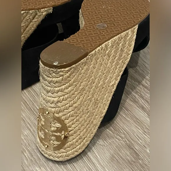 Tory Burch Kristen Black Suede Slip On Wedge Espadrilles Heels Size 9.5 MINT