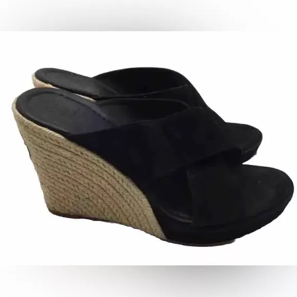 Tory Burch Kristen Black Suede Slip On Wedge Espadrilles Heels Size 9.5 MINT