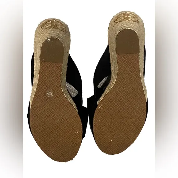 Tory Burch Kristen Black Suede Slip On Wedge Espadrilles Heels Size 9.5 MINT