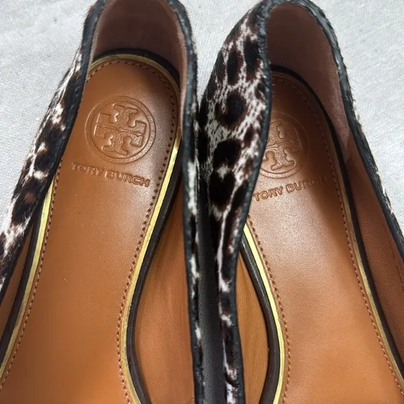 Tory Burch Leopard Patent Leather Black and White Flats with Gold Hardware.