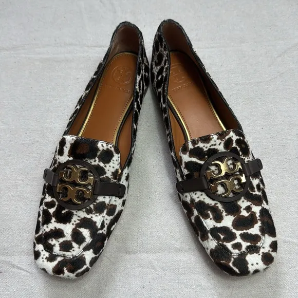 Tory Burch Leopard Patent Leather Black and White Flats with Gold Hardware.