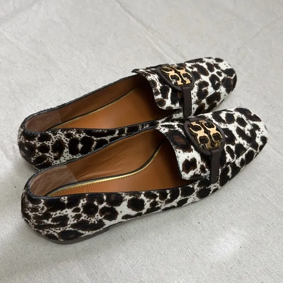 Tory Burch Leopard Patent Leather Black and White Flats with Gold Hardware.
