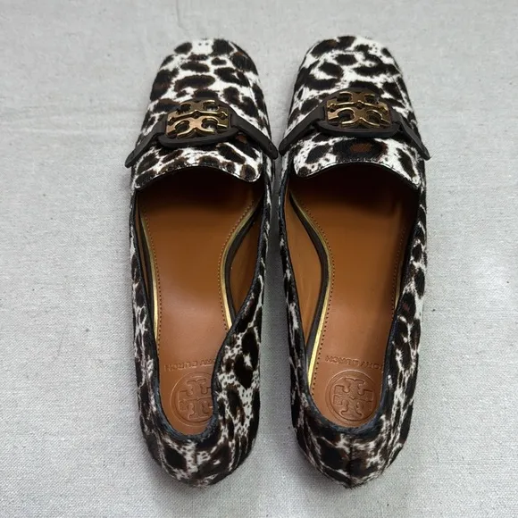 Tory Burch Leopard Patent Leather Black and White Flats with Gold Hardware.