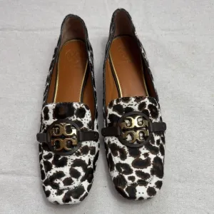 Tory Burch Leopard Patent Leather Black and White Flats with Gold Hardware.