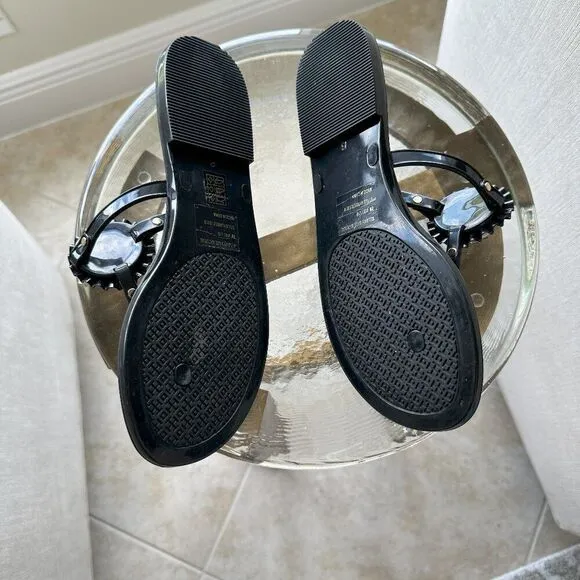 Tory Burch Melody Perfect Black Sandals- Size 8 with round pearl like disk
