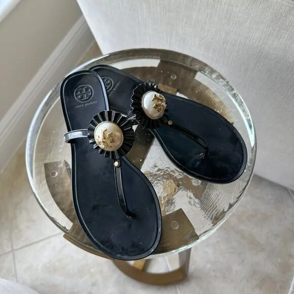 Tory Burch Melody Perfect Black Sandals- Size 8 with round pearl like disk