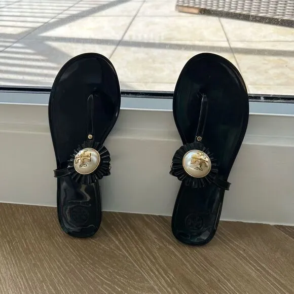 Tory Burch Melody Perfect Black Sandals- Size 8 with round pearl like disk
