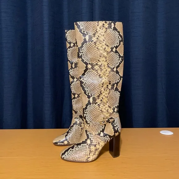 Tory Burch Pull-On Snake-Embossed Leather Knee-High Boot